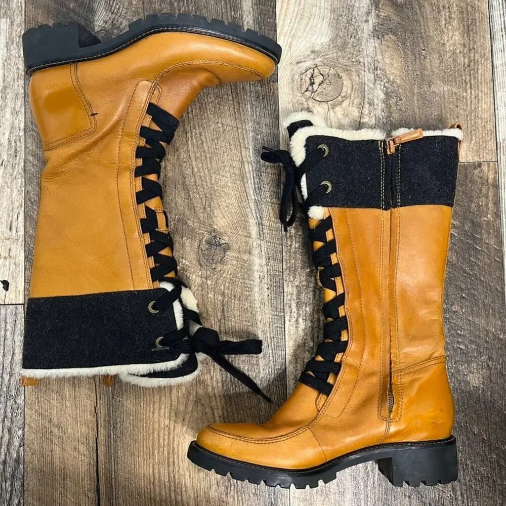 Cole Hann Henson Tall Leather Boots Camel Sherling Lace Up Lug Sole Size 6 1/2